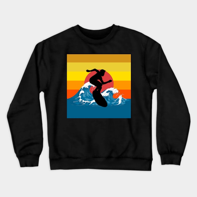 Sufer surfing waves riding sunset sea Crewneck Sweatshirt by KK-Royal